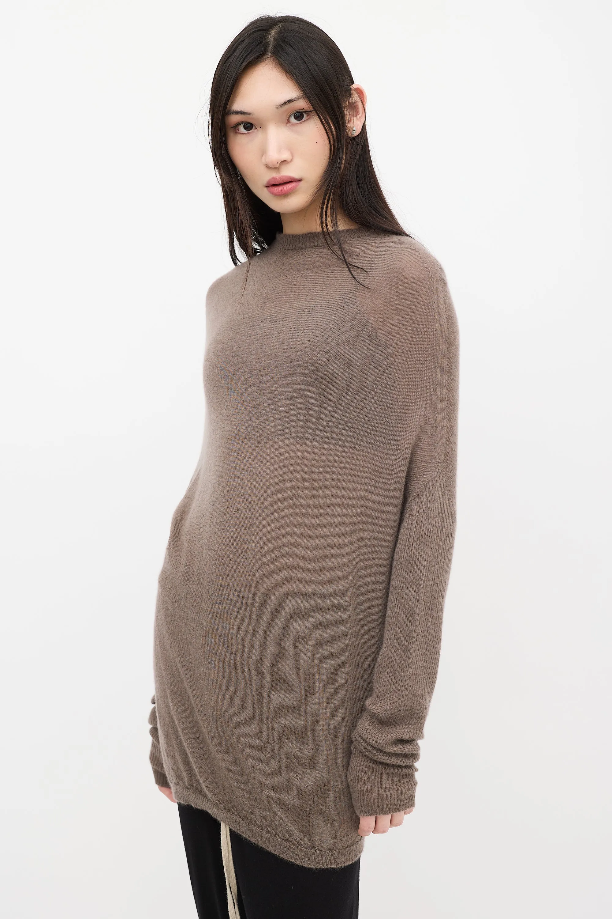 Taupe Cashmere Knit Mock Neck Sweater