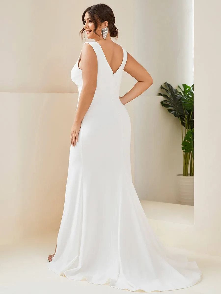 Taya | Plus Size Deep V-Neck Sleeveless High Slit Simple Wedding Dress