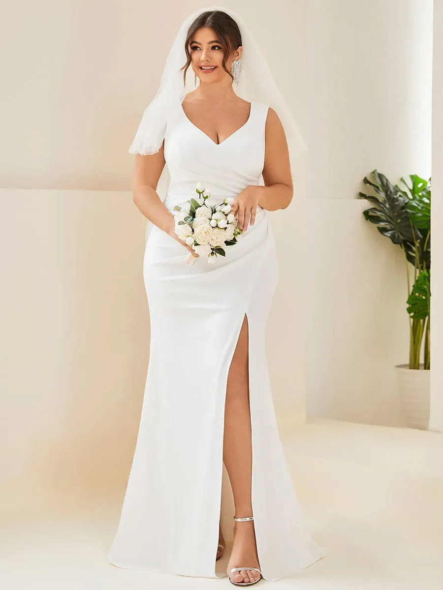 Taya | Plus Size Deep V-Neck Sleeveless High Slit Simple Wedding Dress