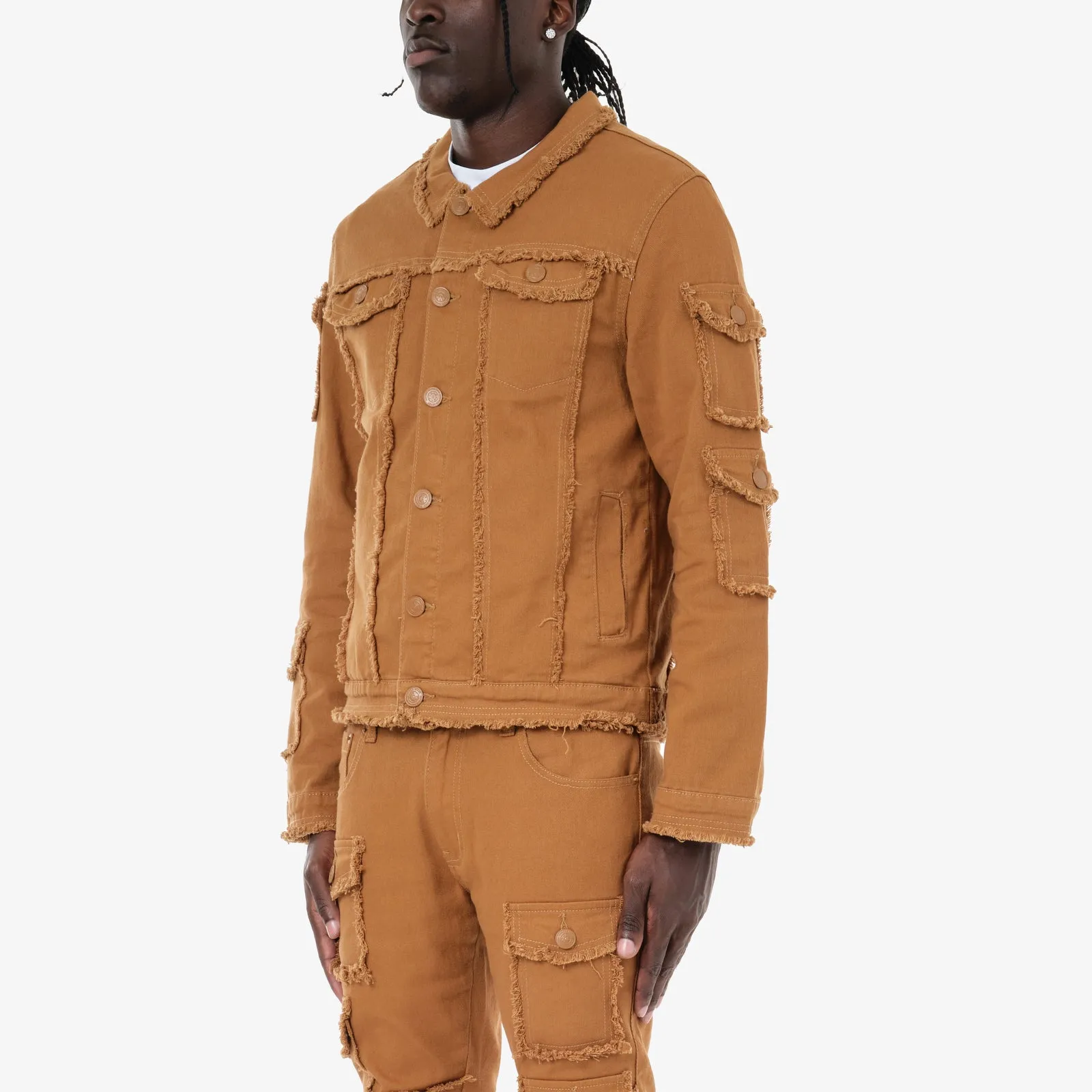 TIMBER BROWN FRAYED DENIM JACKET