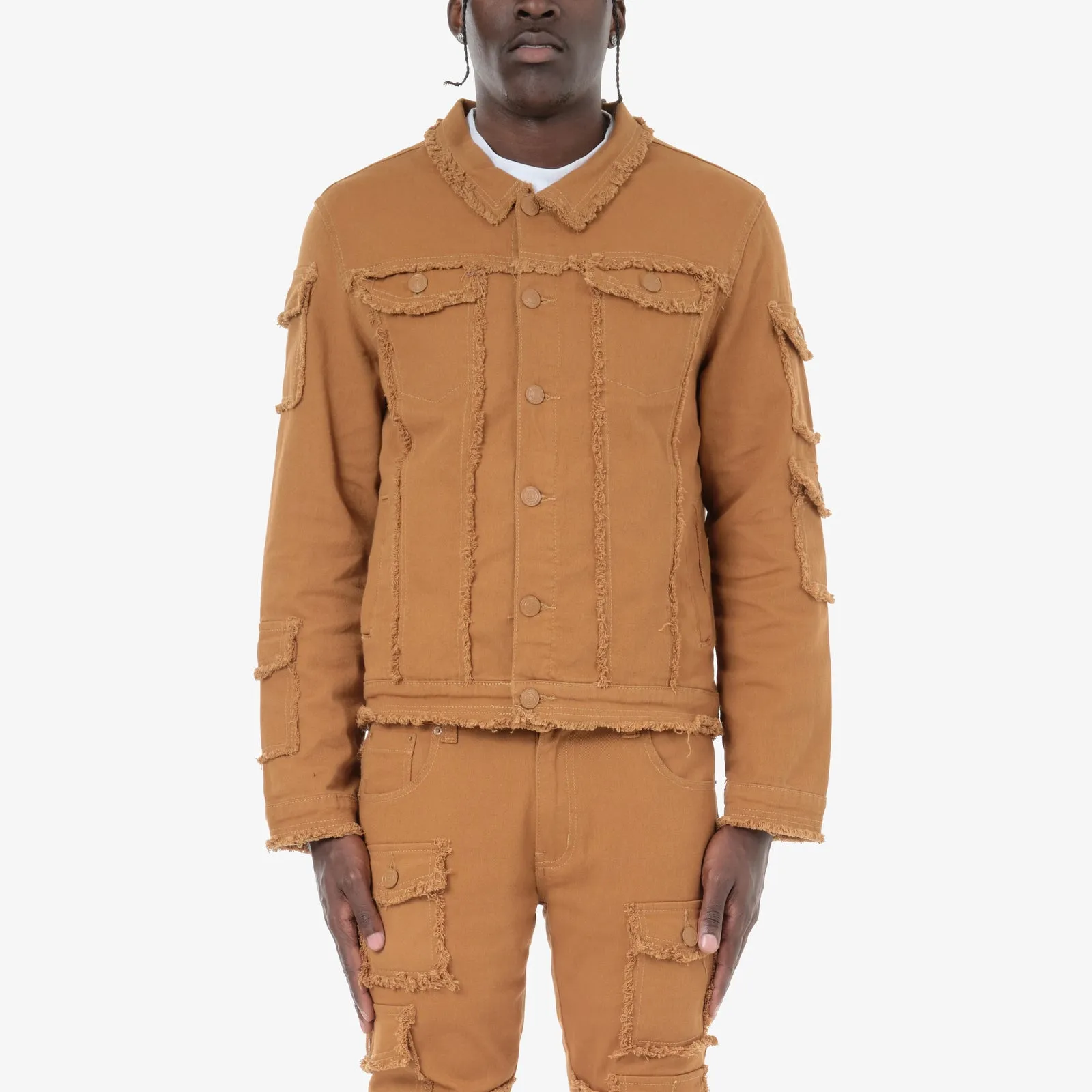 TIMBER BROWN FRAYED DENIM JACKET