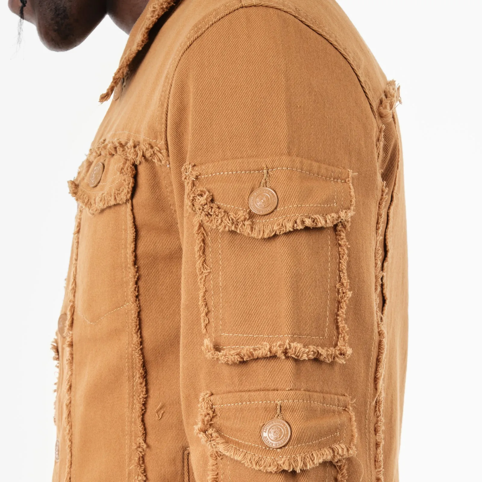 TIMBER BROWN FRAYED DENIM JACKET