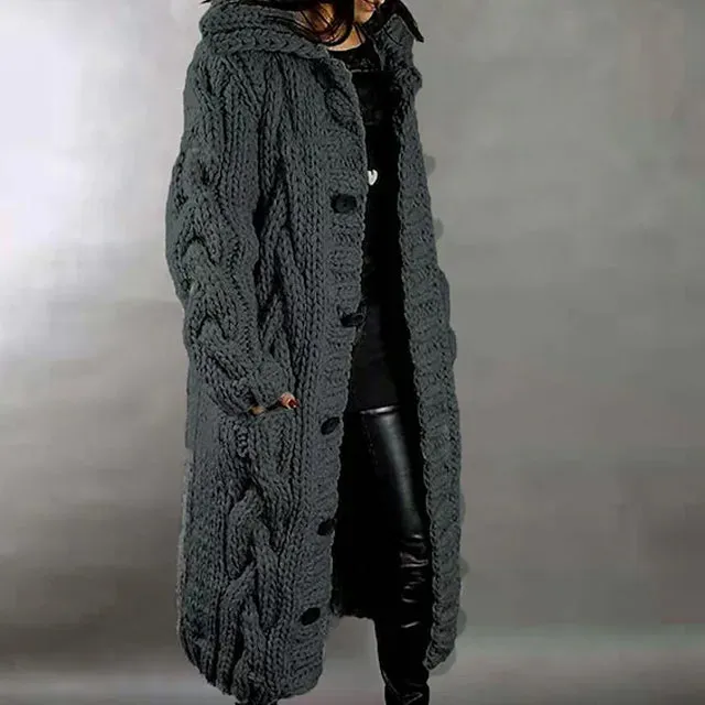 Women's Cardigan Sweater Jumper Cable Chunky Knit Hooded Solid Color Open Front