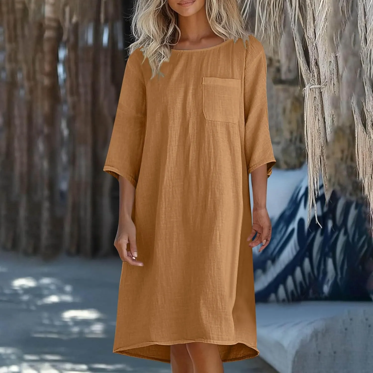 Women's Casual 3/4 Sleeve Summer Dress Loose Fit Round Neck Beach Vacation Shift Flowy Midi Dresses with Pocket