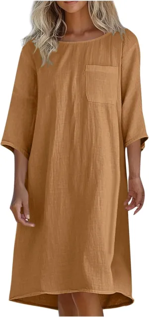 Women's Casual 3/4 Sleeve Summer Dress Loose Fit Round Neck Beach Vacation Shift Flowy Midi Dresses with Pocket