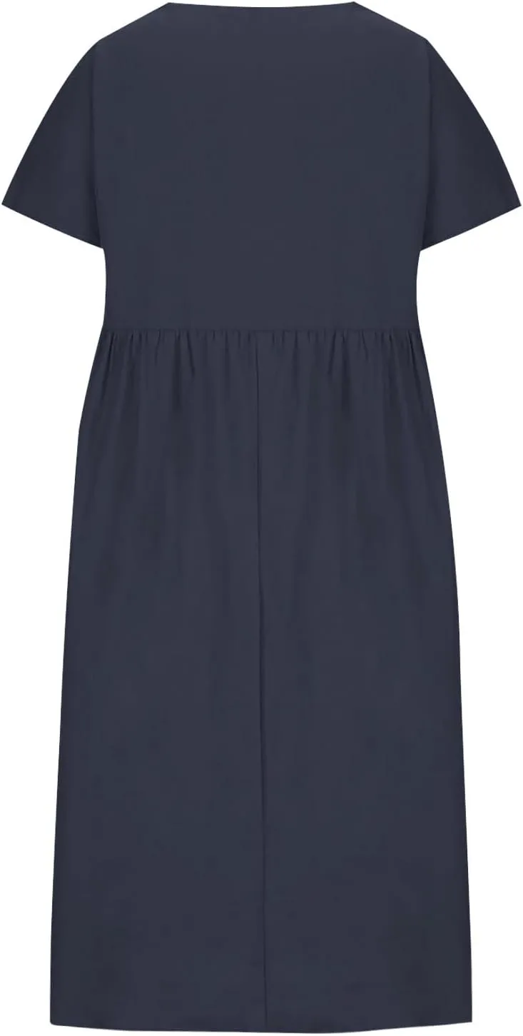 Women's Summer Dress Short Sleeve Round Neck High Waist Dresses Solid Color Cotton Midi Dress Plus Size Casual Dress