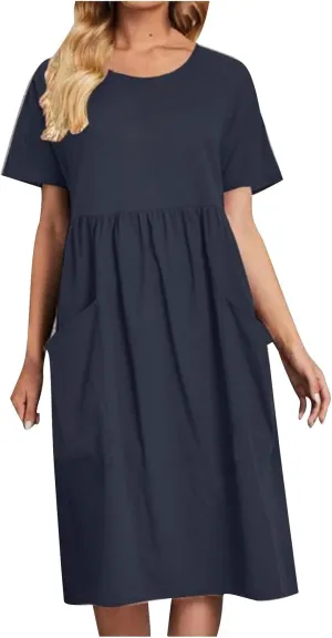 Women's Summer Dress Short Sleeve Round Neck High Waist Dresses Solid Color Cotton Midi Dress Plus Size Casual Dress