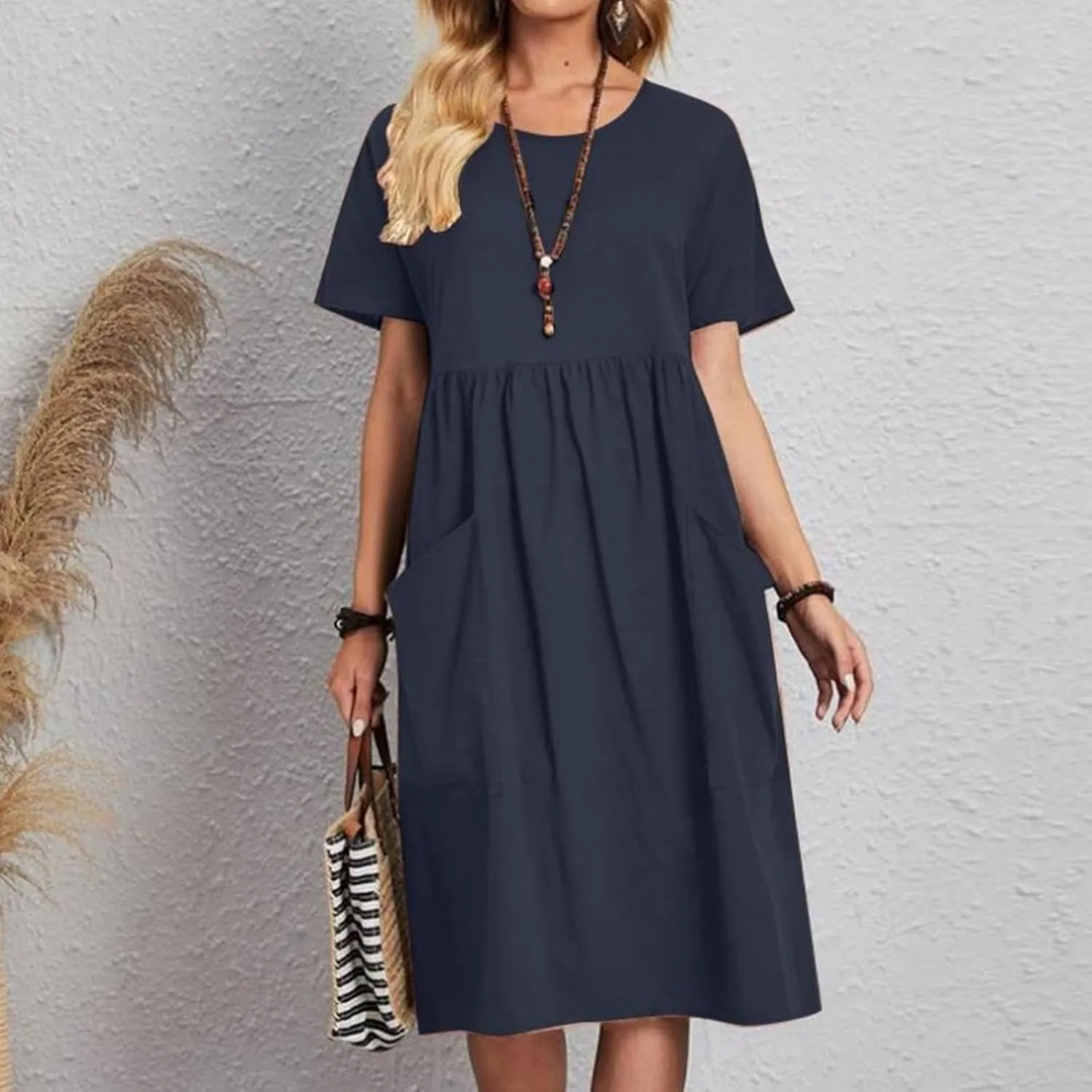 Women's Summer Dress Short Sleeve Round Neck High Waist Dresses Solid Color Cotton Midi Dress Plus Size Casual Dress