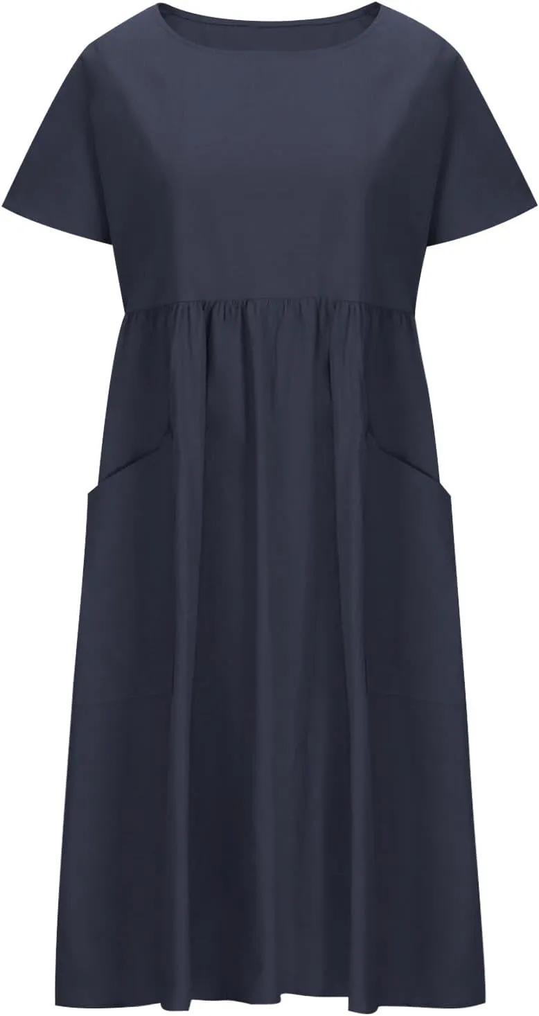 Women's Summer Dress Short Sleeve Round Neck High Waist Dresses Solid Color Cotton Midi Dress Plus Size Casual Dress