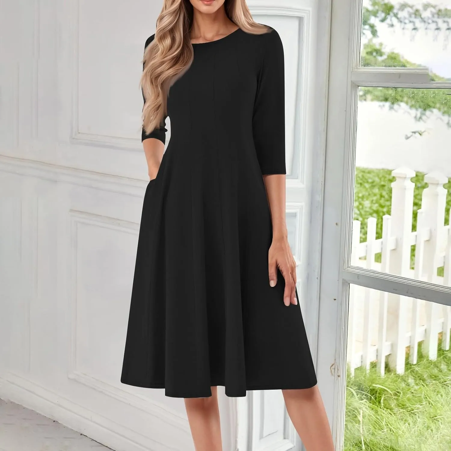 Women's Summer Dresses 2025 Casual Loose Trendy Crew Neck 3/4 Sleeve Solid Midi Dress Plus Size, S-3XL