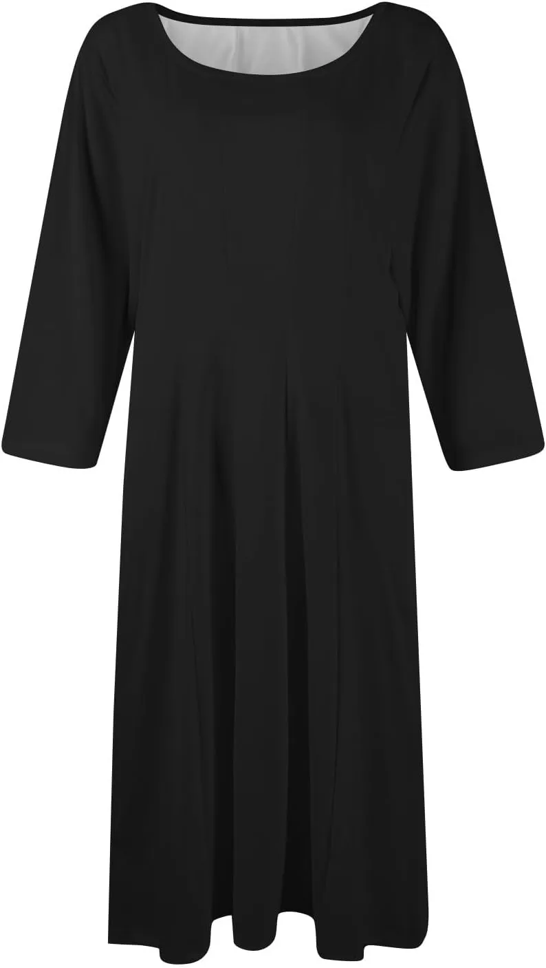 Women's Summer Dresses 2025 Casual Loose Trendy Crew Neck 3/4 Sleeve Solid Midi Dress Plus Size, S-3XL