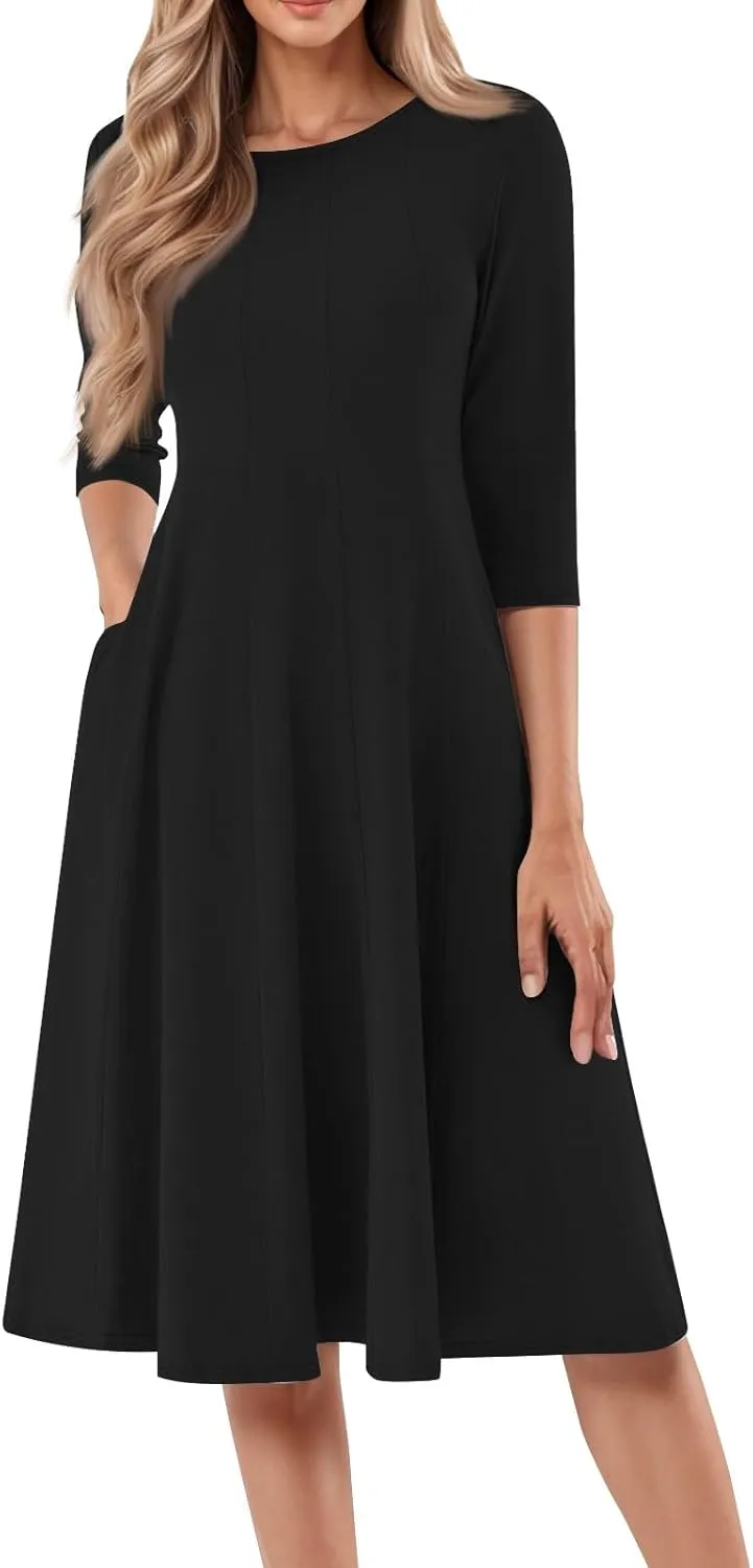 Women's Summer Dresses 2025 Casual Loose Trendy Crew Neck 3/4 Sleeve Solid Midi Dress Plus Size, S-3XL