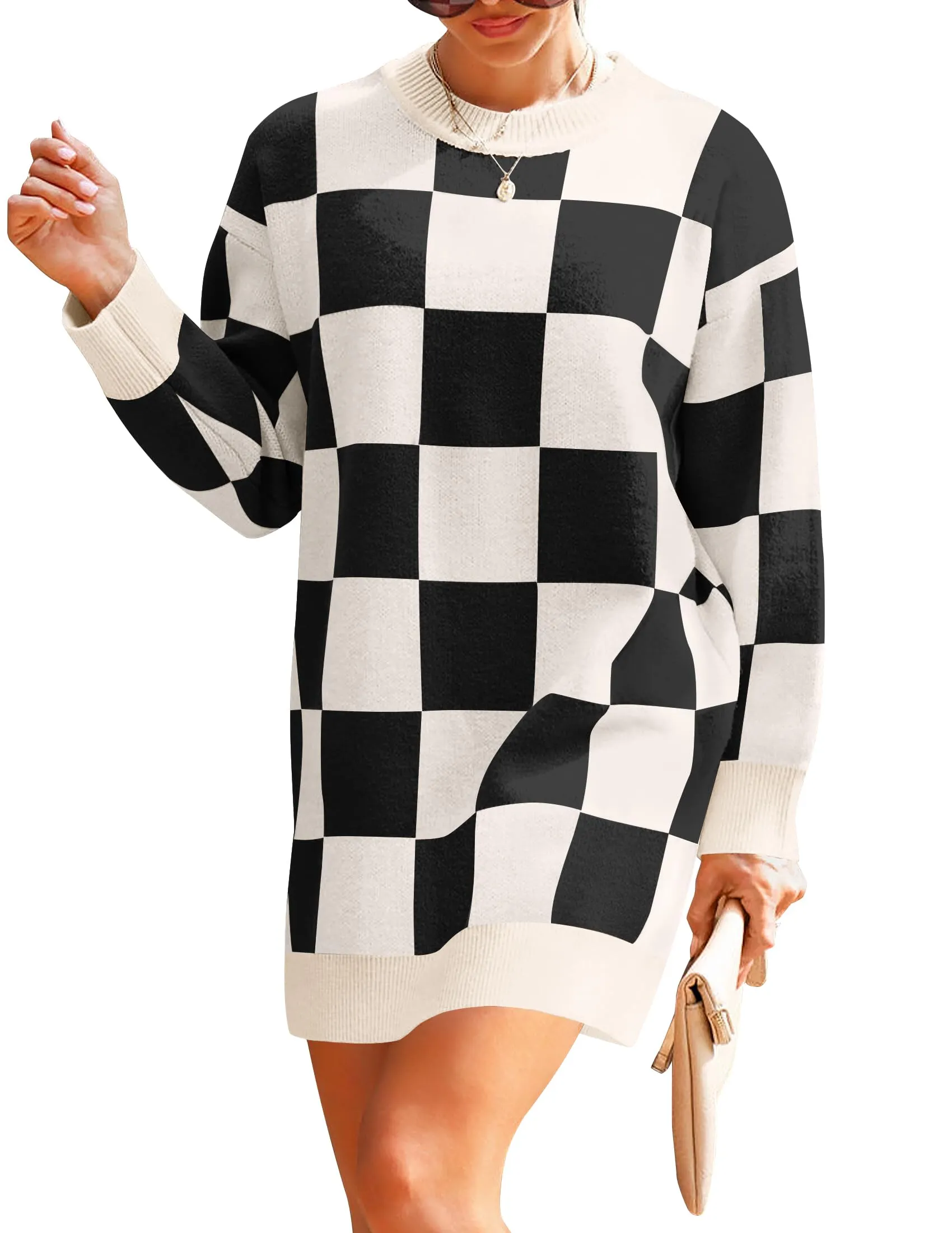 ZESICA Oversized Crew Neck Plaid Tunic Sweater Dress