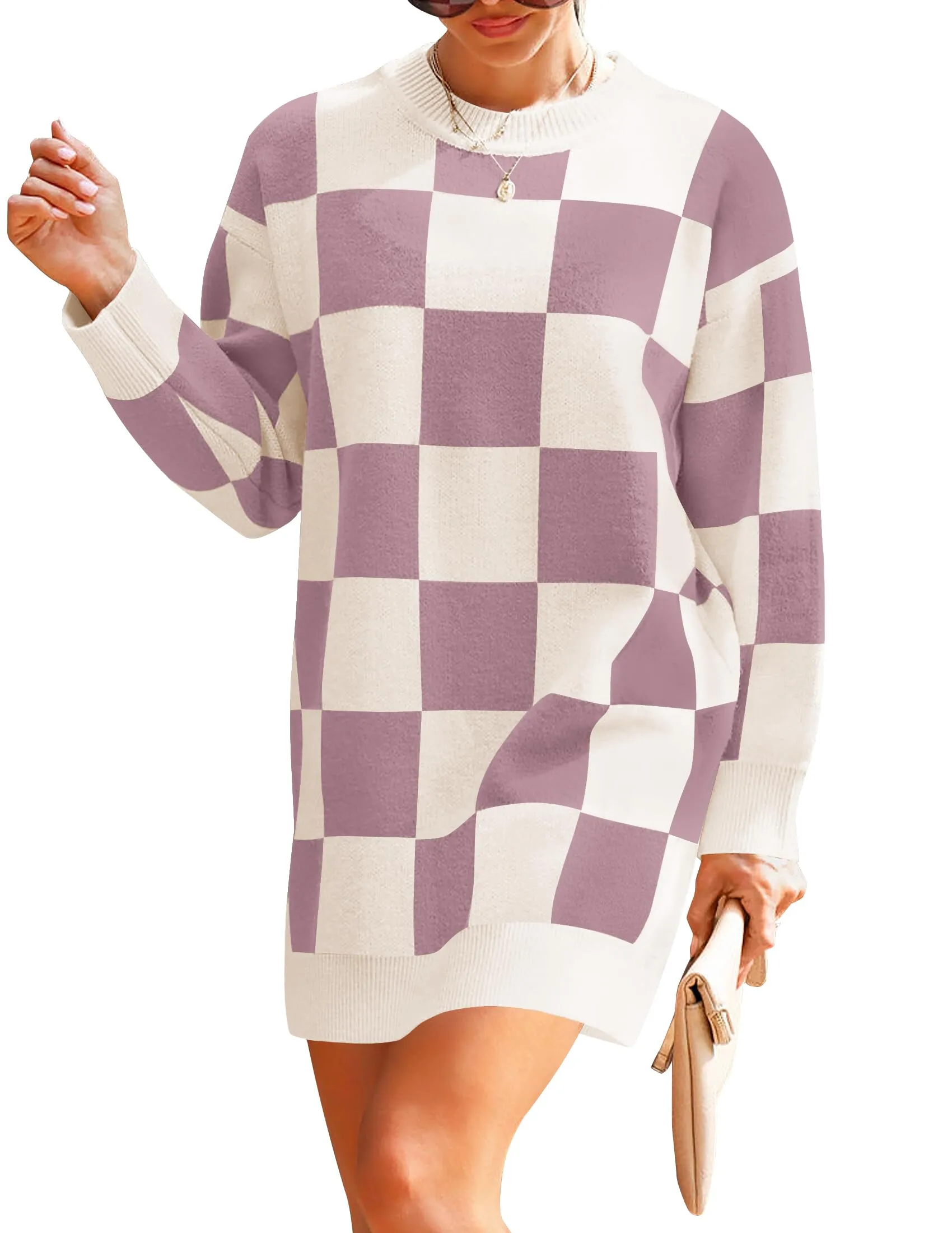 ZESICA Oversized Crew Neck Plaid Tunic Sweater Dress