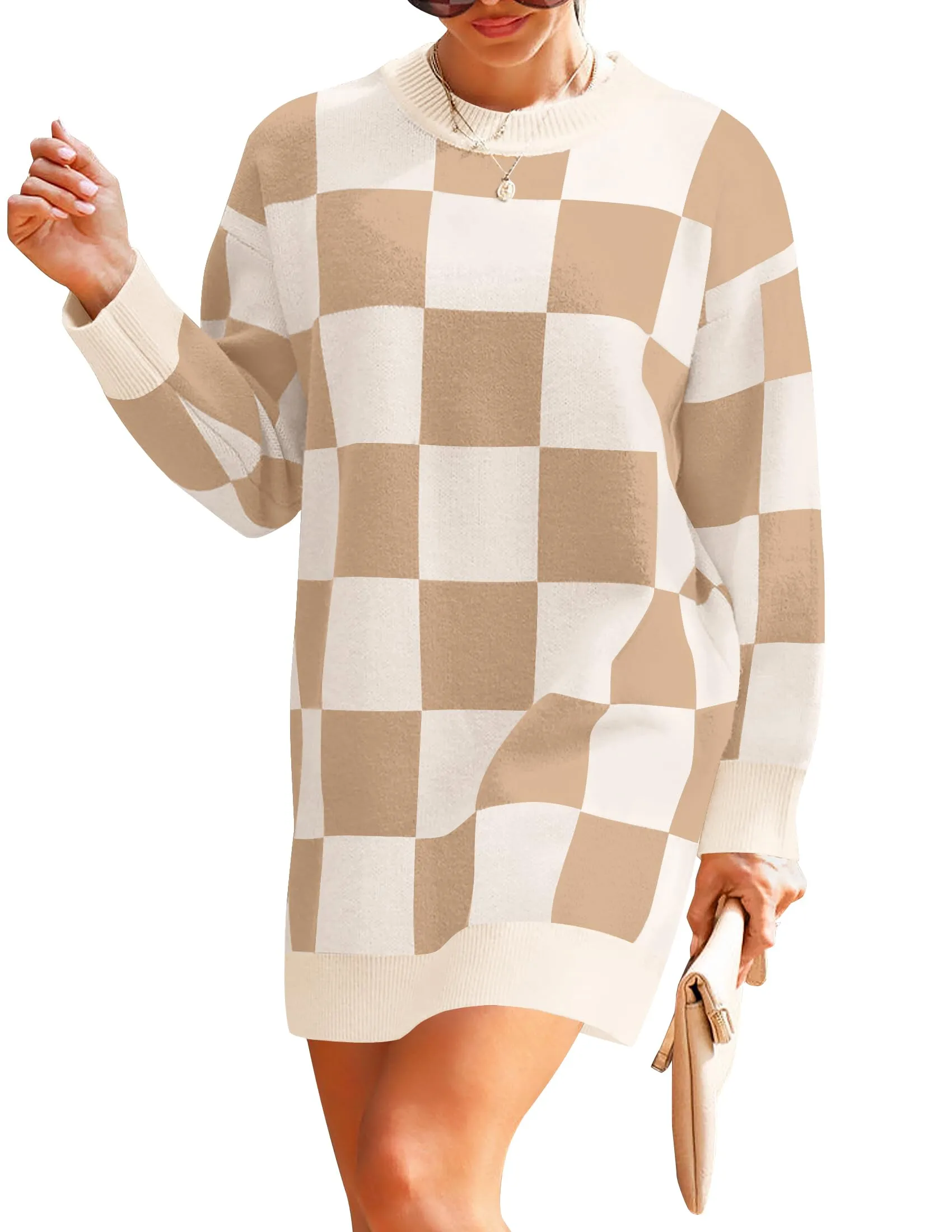 ZESICA Oversized Crew Neck Plaid Tunic Sweater Dress