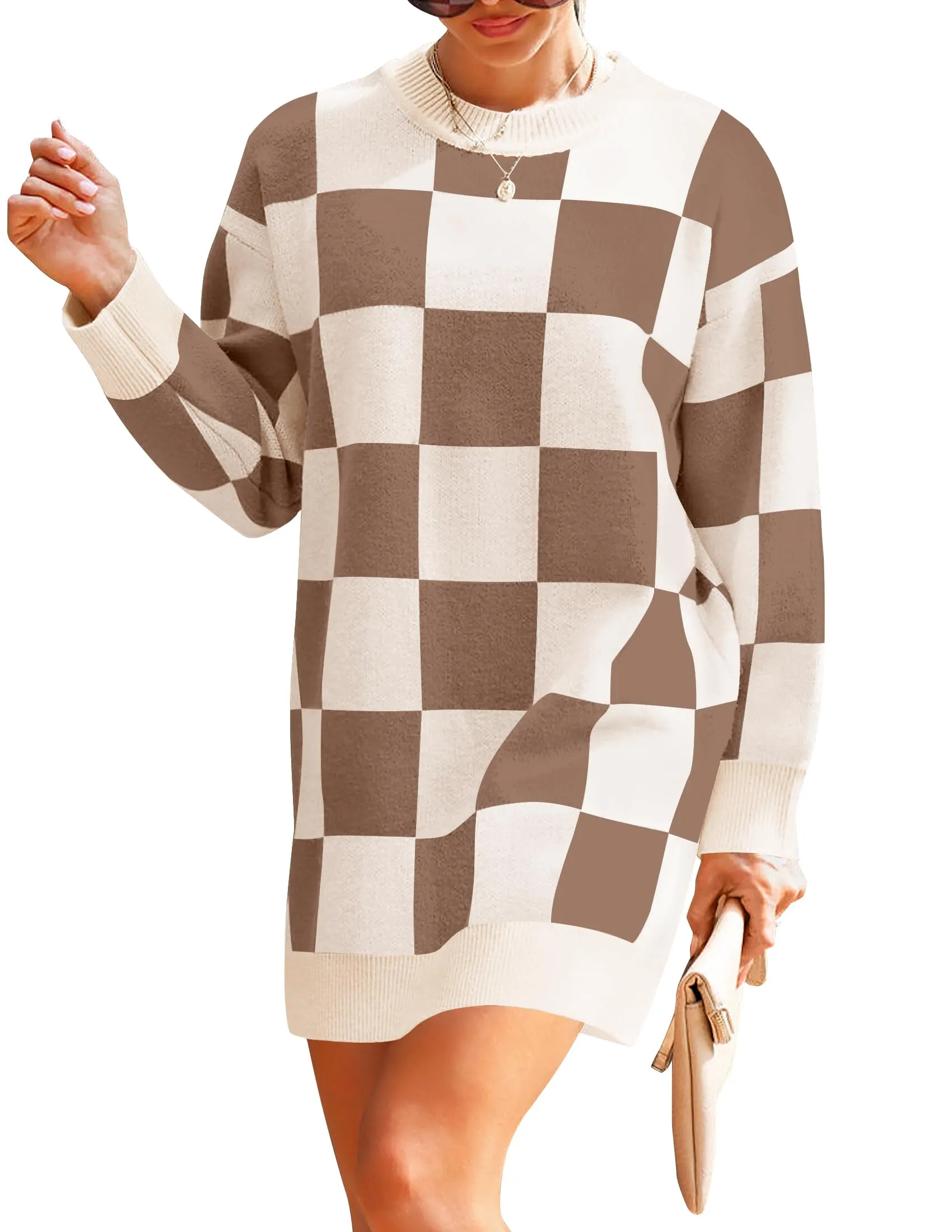 ZESICA Oversized Crew Neck Plaid Tunic Sweater Dress