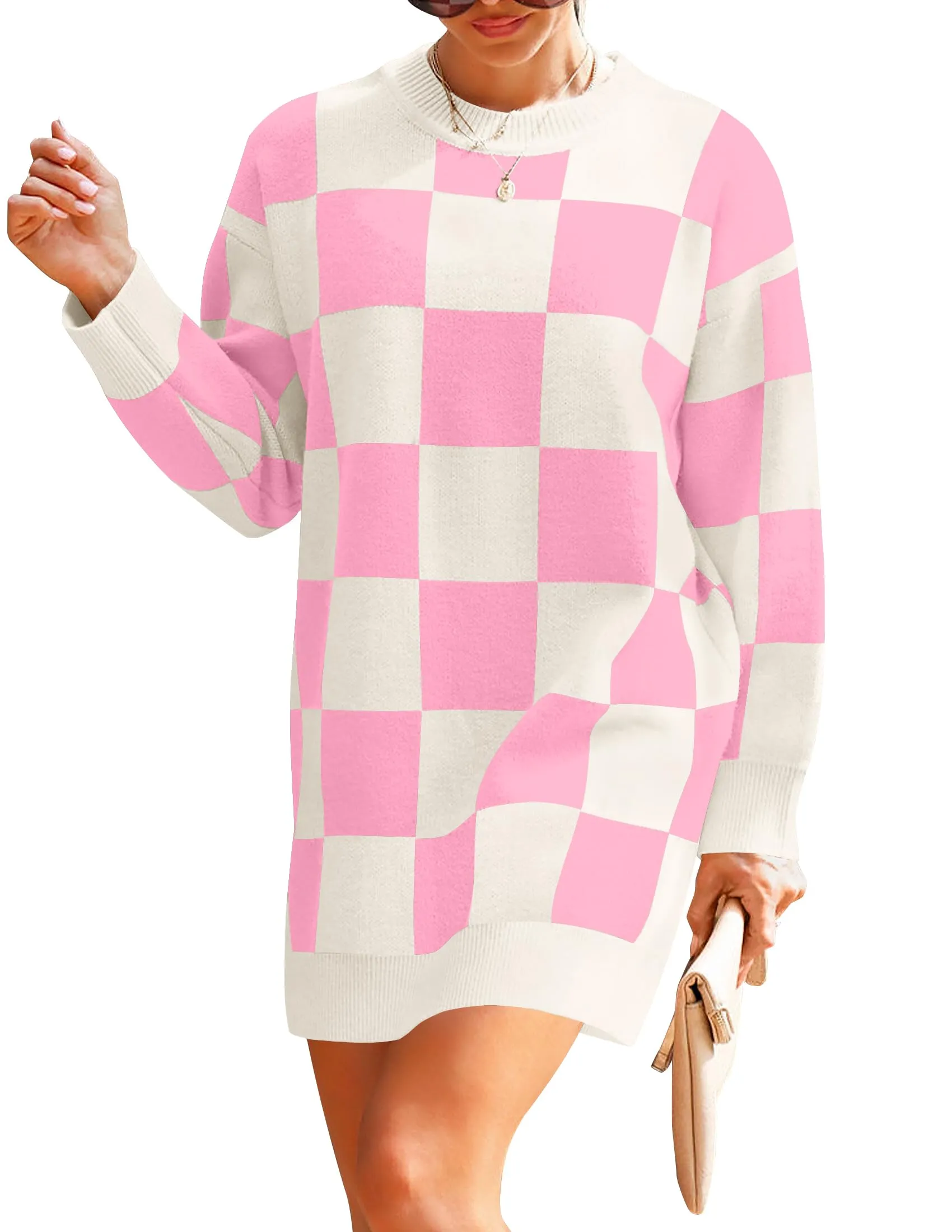 ZESICA Oversized Crew Neck Plaid Tunic Sweater Dress