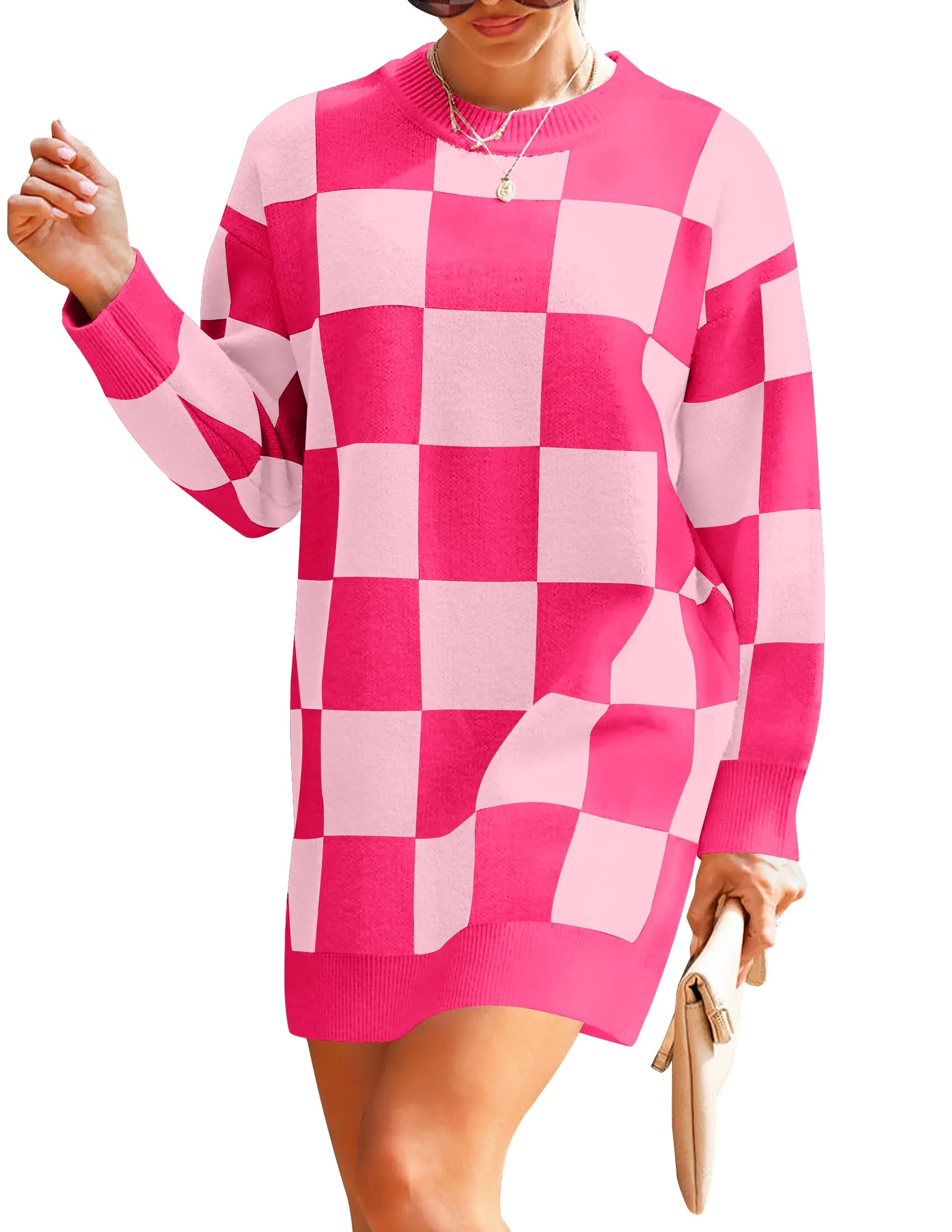 ZESICA Oversized Crew Neck Plaid Tunic Sweater Dress